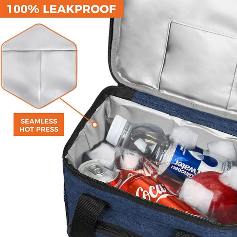 Soft Sided Insulated Cooler Bag For Work And Adventure Collapsible Portable Lunch Cooler That Keeps Food And Drinks Cold Beach Ready And Everyday Use, Leakproof Waterproof Design Large Capacity Fits 18 Cans With Shoulder Strap Heather Navy showing interior with drinks