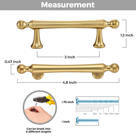 Champagne Bronze Cabinet Pulls 3 Inch Center Hole, 30 Pack Zinc Alloy Kitchen Cabinet Handles with measurement details.