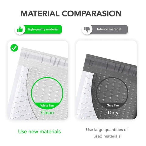 Material comparison of 10.5x16 Inch Bubble Mailers 25 Pack Self Seal Padded Envelopes showing clean white film vs dirty gray film