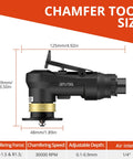 GETLITOOL pneumatic chamfering tool, side view; black handheld air deburring tool with gold depth scale