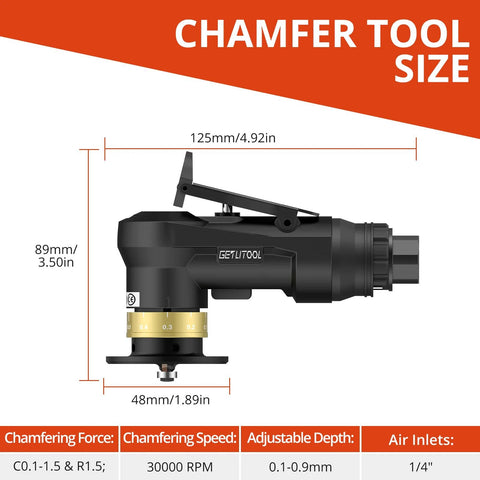 GETLITOOL pneumatic chamfering tool, side view; black handheld air deburring tool with gold depth scale