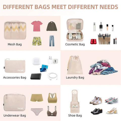 Eight Piece Packing Cubes Set For Travel Luggage Organizers In Cream That Keeps Clothes Wrinkle Free Water Repellent And Ultra Durable