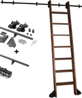 Heavy Duty Rolling Stair Hardware Kit With Hella Smooth Tracks And Rugged Steel Build Perfect For Indoor Loft Access Library Upgrades And Garage Workshop Storage with wooden ladder and sliding track components.