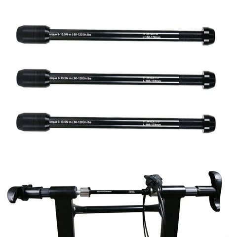 Dope 12x142-148mm Adjustable Thru Axle Skewer Kit For Bike Trainers, CNC Aluminum, shown with three axles and cycling setup