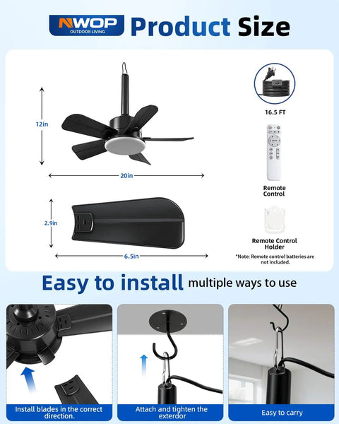 Diagram illustrating dimensions and installation of 20 Inch Outdoor Ceiling Fan With LED Light And Remote, Plug In Wet Rated Black 5 Blade Quiet Ceiling Fan For Small Patios, Balcony, Porch, Gazebo, And Outdoor Spaces.