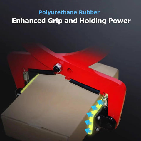 Beast Mode Heavy Duty Steel Lifting Dolly With Ergonomic Rubber Grip Handle And 360 Rotating Hook For Smooth Moving Of Heavy Loads In Home Garage Or Industrial Workshop Ensures Easy Transport Every Time With Zero Back Pain Or Stressful Work. red steel clamp with polyurethane rubber grip holding a box