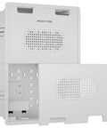 In Wall Recessed TV Box For Home Theater Components And Network Gear With Heavy Duty Ventilation Panels, white plastic housing with perforated design.