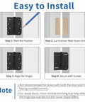 Installation steps for 6 Pack Matte Black 4 Inch Door Hinges For Exterior Heavy Duty Iron Construction shown on door frame.