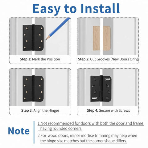 Installation steps for 6 Pack Matte Black 4 Inch Door Hinges For Exterior Heavy Duty Iron Construction shown on door frame.