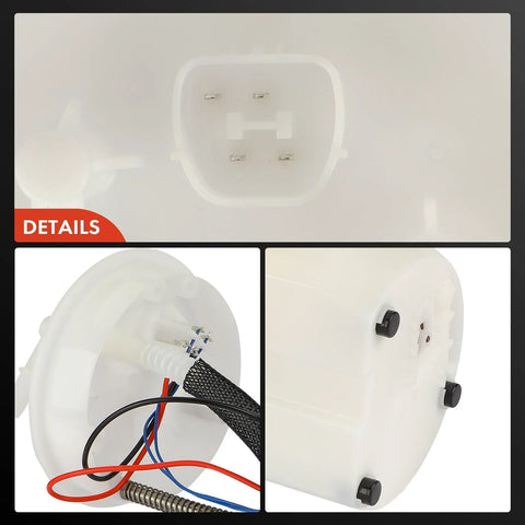 Honda CR-V Fuel Pump Module Assembly With Sending Unit, 4 Pin Connector, 2 Tube Ports, For 2002 2003 2004 2005 2006 2.4L Replacement, 1 Hose Design For Easy Plug And Play Fit, showing connector details and wiring close-up.