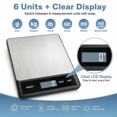Digital Kitchen Scale With 33Lb Capacity, Waterproof Stainless Steel, USB Rechargeable, LCD Display, 1 Gram Precision