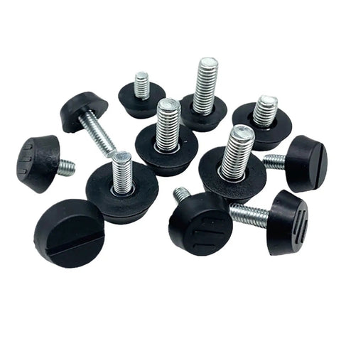 Adjustable Leveling Feet for Furniture M6 and M8, Heights 10 to 17mm and 10 to 20mm, Heavy Duty PP Plastic with Galvanized Iron Screws, 4 8 10 20 30 50 Pack Options, Super Sturdy Balance for Sofas, Tables and Cabinets, black screw-in feet shown