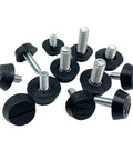 Adjustable Leveling Feet for Furniture M6 and M8 Series, 10 to 17mm and 10 to 20mm Height, Available in 4, 8, 10, 20, 30, and 50 Pack, Durable PP Plastic with Galvanized Iron Screws for Stable, Level Surfaces, black threaded feet shown