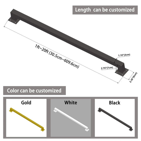 Diagram showing customizable Beefy Black Iron Stair Hand Rail 3Ft Wall Mount Industrial Grade Railing Pipe with length and color options.
