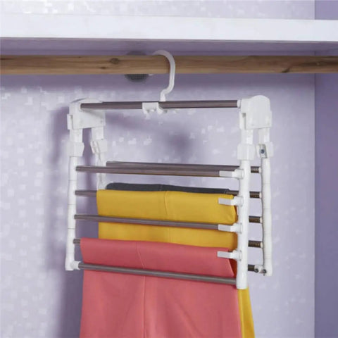Heavy Duty Foldable Multi Layer Pants Hangers Crafted From Durable Stainless Steel for organizing colorful pants in closet.