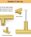 Close-up of gold cabinet handle showing tight connections and deep hole thread design, part of the 30 Pack Gold Cabinet Handles With 3 Inch Hole Centers Brushed Brass Finish Stainless Steel Dresser Drawer Pulls 5 Inch Overall Length Fingerprint Resistant Durable Kitchen Bathroom Bedroom Furniture Hardware.