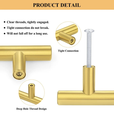 Close-up of gold cabinet handle showing tight connections and deep hole thread design, part of the 30 Pack Gold Cabinet Handles With 3 Inch Hole Centers Brushed Brass Finish Stainless Steel Dresser Drawer Pulls 5 Inch Overall Length Fingerprint Resistant Durable Kitchen Bathroom Bedroom Furniture Hardware.