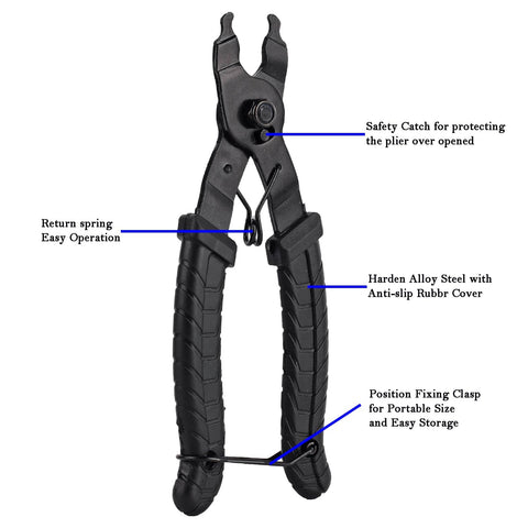 Go To Bicycle Chain Link Pliers Master Link Tool for quick removal with rubber grip, safety catch, and hardened alloy steel construction.