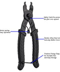 Close-up of master link pliers from Road Ready Bike Chain Repair Tools Set, featuring safety catch and anti-slip rubber cover.