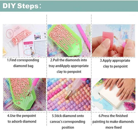 Hydrangea In Glass 5D Diamond Painting Kit For Adults Full Drill Diamond Art DIY Crystal Craft For Beginners Perfect Home Wall Decor Gift 11.8 By 15.7 Inch DIY steps with images showing diamond arranging process on canvas.