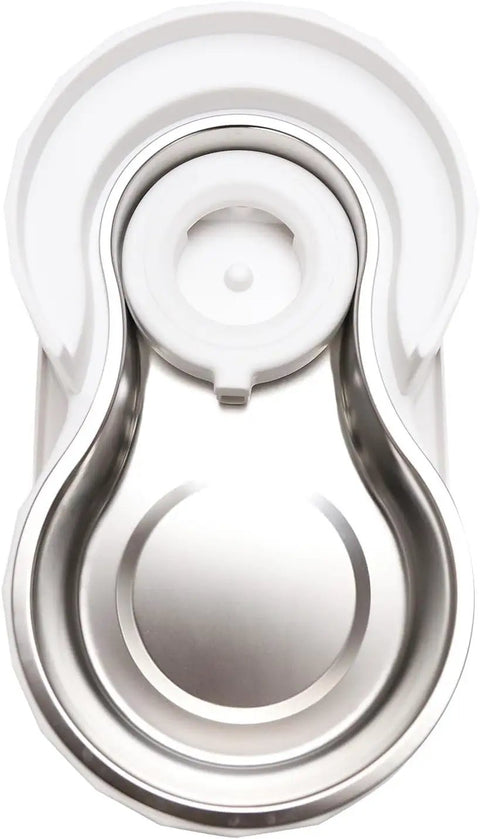 Top view of stainless steel and white plastic automatic pet water fountain base for Water Dispenser Replacement Filters Pack