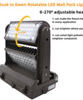 100W Rotatable LED Wall Pack Light showing adjustable heads and 270° rotation for outdoor areas, parking garages, warehouses