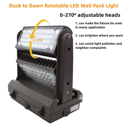 Rotatable 150W LED Wall Pack Light With Dusk To Dawn Photocell, 270° adjustable heads, shown at an angle