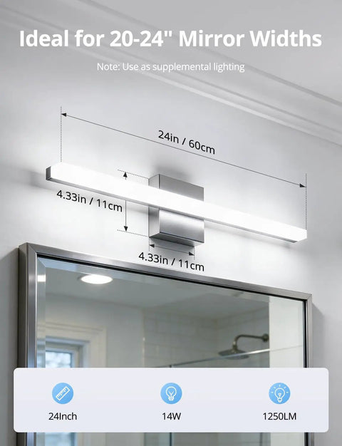 24 Inch Vanity Light Bar Over Mirror LED Daylight 6000K Chrome Bathroom Fixture For Makeup And Grooming, Soft Uniform Glow