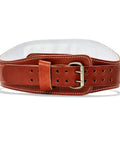 Premium Genuine Leather Weightlifting Belt 6 Inch Wide Quick Lock Double Prong Buckle in rich brown color, side view.
