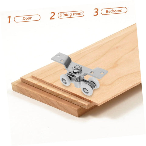 2 Pack Sliding Door Rollers Stainless Steel With Silent Nylon Wheels on wooden door panel showing installation setup