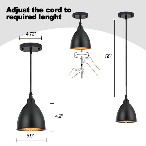 Industrial Farmhouse Pendant Light Fixtures Three Pack With Antique Brass Bell Shade adjustable 55 inch wire illustration