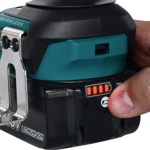 Close-up of hand on Beefy 18V Brushless Cordless Impact Wrench with lithium-ion battery and three-speed control button