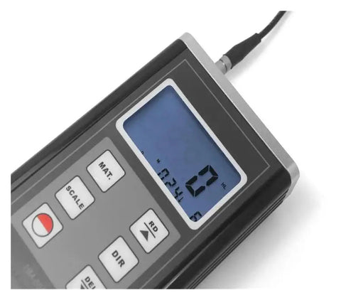 Close-up of Super Handy Portable Digital Leeb Hardness Tester Durometer with display and buttons for measuring metal hardness.
