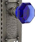 Two Sided Craftsman Plate Passage Door Knob Set With Lead Crystal Knobs, Waldorf Cobalt Finish On Antique Pewter, Solid Forged Brass Plates