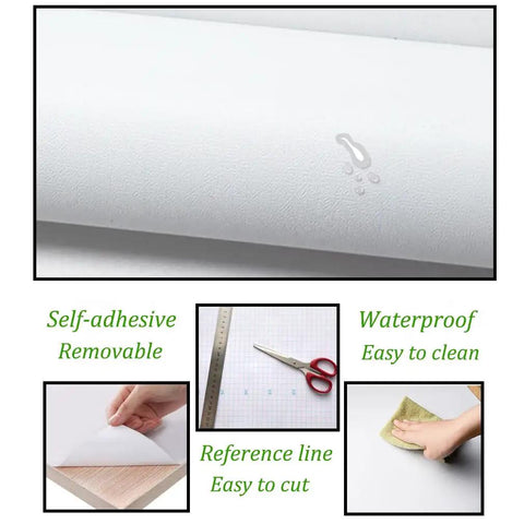 Peel And Stick Waterproof Vinyl Wallpaper Roll 197 Inch Long By 17.7 Inch Wide Self Adhesive Contact Paper For Walls Kitchens Bathrooms No Sweat Easy DIY Install with water droplets showing waterproof feature and user cutting.