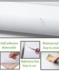 White Peel And Stick Wallpaper Roll For Walls 590.5 Inch Long 17.7 Inch Wide Self Adhesive Vinyl Covering That Removable And Easy To Install No Fuss Decor For Living Room Bedroom Or Kitchen showing self-adhesive, waterproof features with close-up of roll and scissors.