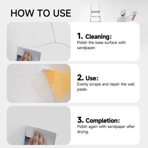 Steps for using Drywall Repair Kit With 32 Oz Spackle Paste And Self Adhesive Metal Patches, White Putty Filler instructions in image.
