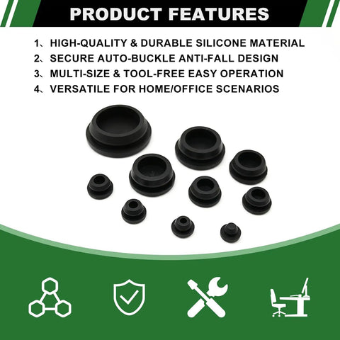 223 Piece Black Silicone Rubber Plugs Kit For Round Holes With Snap Locking Design, 10 Sizes displayed on white background