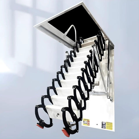 Electric Retractable Attic Ladder Ceiling Mount Pull Down Stairway Smart Remote Control Heavy Duty alloy wide steps from ceiling.