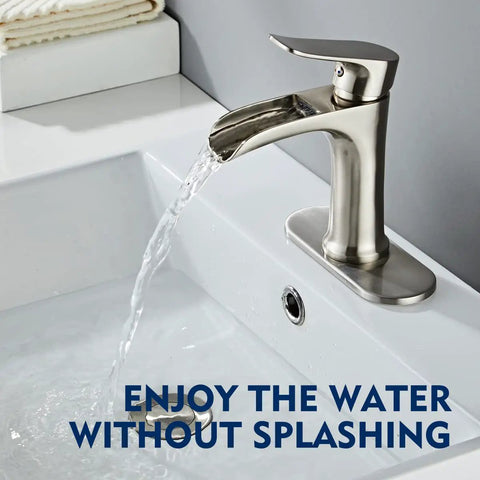 Brushed Nickel Waterfall Bathroom Faucet With Single Hole Design, Single Handle Sink Faucet With Pop Up Drain, Easy Install
