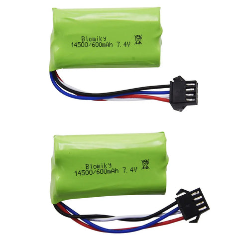 Two Pack 7.4V 2S 600mAh Li Ion Rechargeable Battery With SM-4P Plug And Charger Cable For Water Bead Blasters And DE85 RC Cars JF-71A Compatible