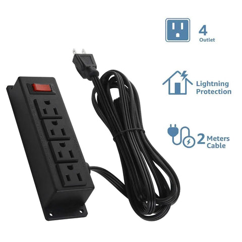 Wall Mount Power Outlet Strip With Switch, Four Outlet Mountable Power Strip With 6 Ft Cord For Under Desk Setup, black housing.