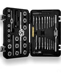41-Piece Pro Grade Tap And Die Set With Tungsten Molybdenum Steel, Vacuum Hardened Threads For Durability, Tapered Starts For Easy Alignment in open black case showing tools.