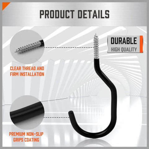 Close-up of a black Tough As Nails Heavy Duty Garage Storage Hook with non-slip coating and screw thread, shown in detail.