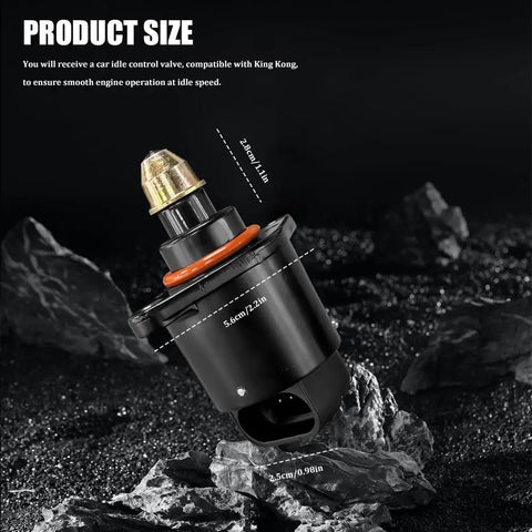 Idle Speed Control Valve IAC Sensor Replacement For King Kong Idle Motor 90380 10526 90325864 with dimensions shown on rocky backdrop