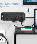 Power Strip Surge Protector With 12 Outlets, 4 USB Ports, And 1 USB-C Port 5V 3A, 2360 Joules, Angled Flat Plug, ETL Listed, wall-mounted on desk