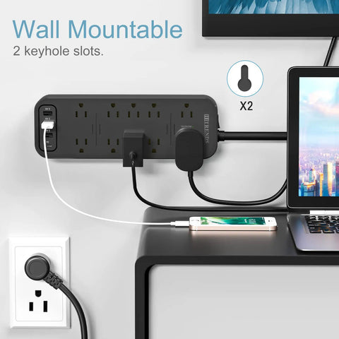 Power Strip Surge Protector With 12 Outlets, 4 USB Ports, And 1 USB-C Port 5V 3A, 2360 Joules, Angled Flat Plug, ETL Listed, wall-mounted on desk