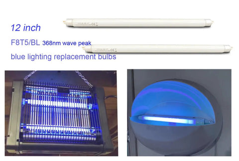 12 Inch F8T5 Black Light Blue Replacement Bulbs shown in fixtures for wall sconce and fly light machines
