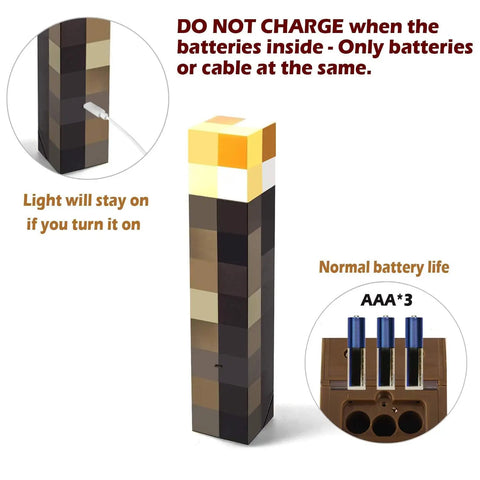 Lit Up Wall Torch with USB cable connected and AAA batteries, safe glow lamp for wall or tabletop with realistic torch look.