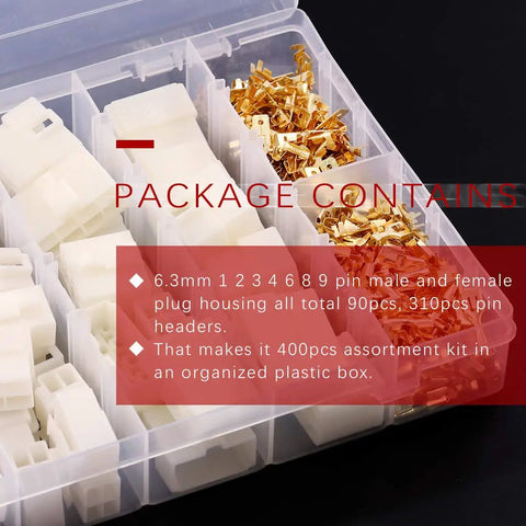 6.3mm Electrical Automotive Wire Connectors Set For Motorcycle And Car Male And Female Socket Plugs With Nylon Insulated Housing Brass Pins Heat Resistant Durable Assortment Kit 400 Pcs displayed in box